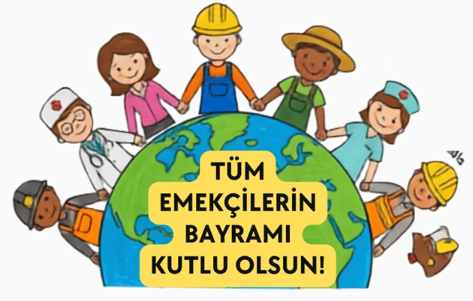 1 Mayıs Emek ve Dayanışma Günü okul panosu görseli - Tüm emekçilerin bayramı kutlu olsun çizimi - materyaal.com