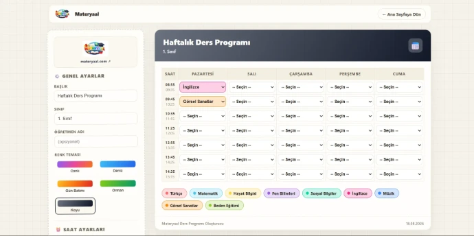Materyaal online haftalık ders programı oluşturma robotu şablonu